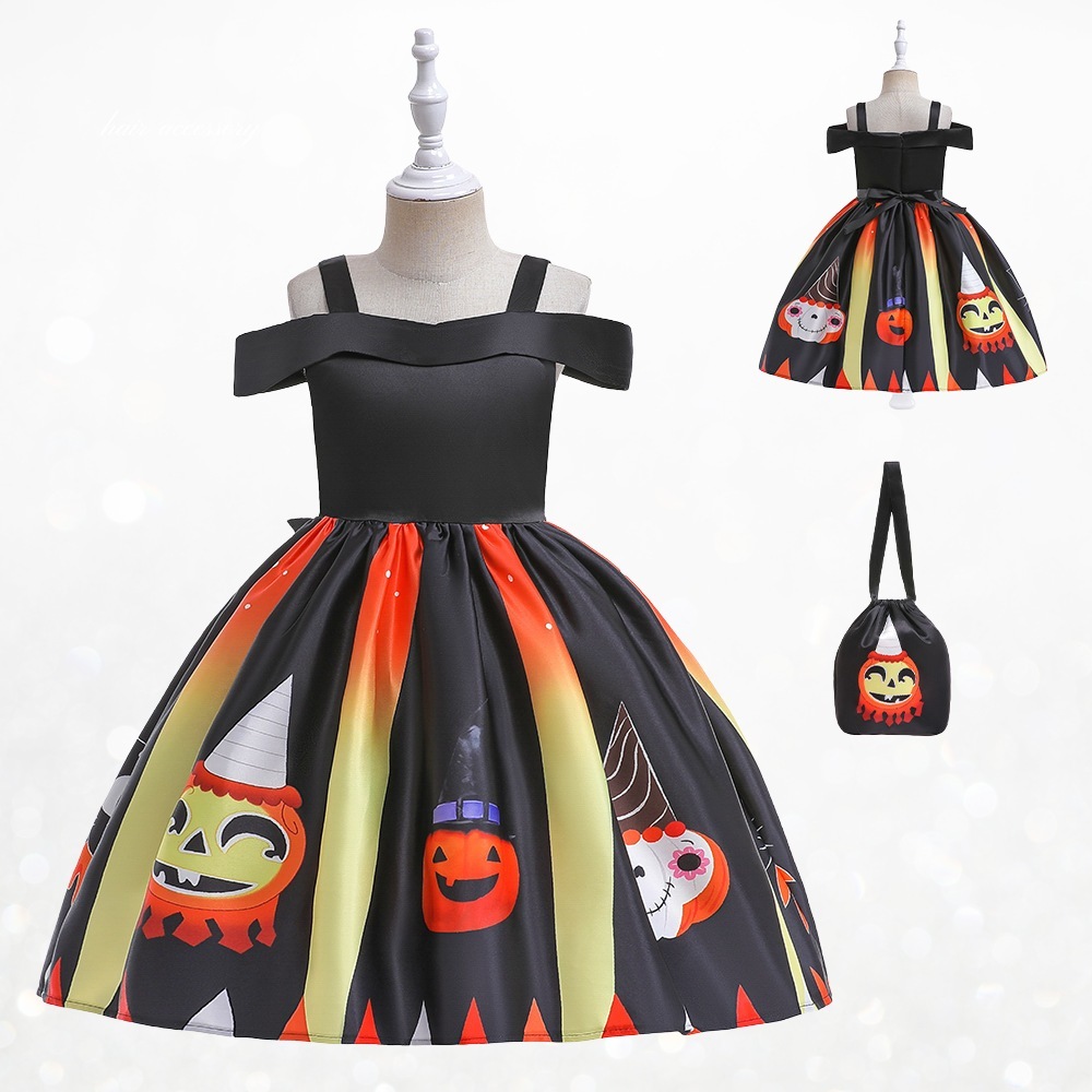 ハロウィン 衣装 子供ドレス 子供用 ハロウィンコスプレ 仮装 魔法使い 可愛い 魔女コスプレ コスチューム ワンピース ミモレ丈 コスプレ衣装 ドレス ハロウィン仮装 オレンジ ブラック カボチャ 女の子 3点セット 110 120 130 140 (WS015)