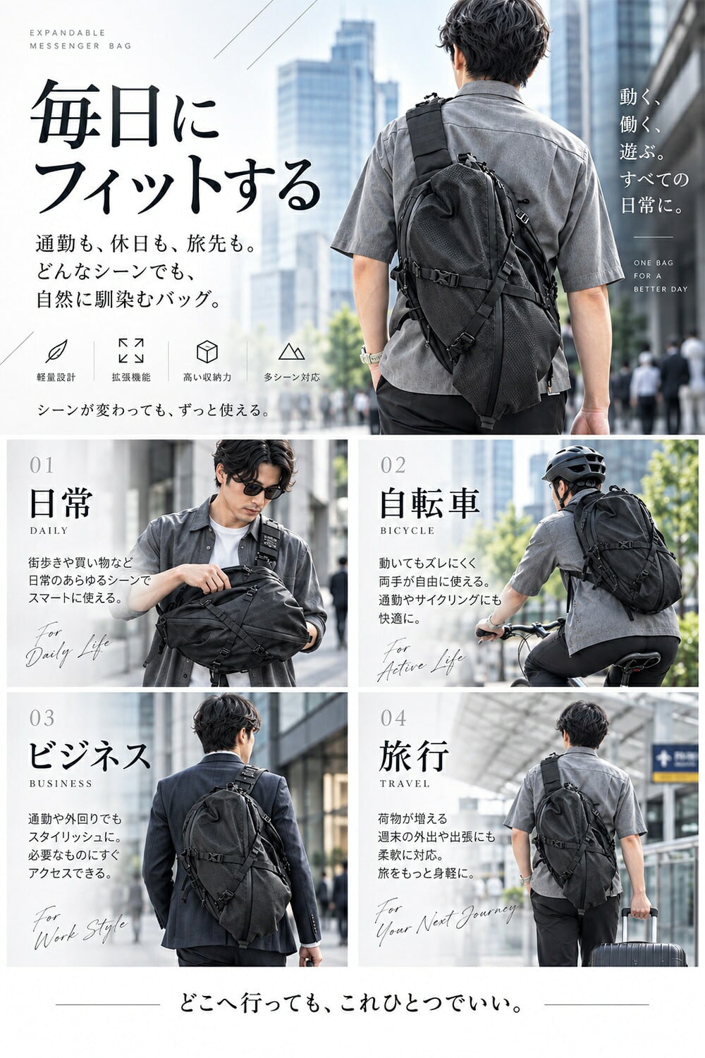 【ラッピング無料】Gran Walker ALPHA-PACK 23L 大容量 拡張式 ボディバッグ メンズ 多機能 スリングバッグ ガジェット収納 通勤 通学 旅行 ギフト 釣り キャンプ