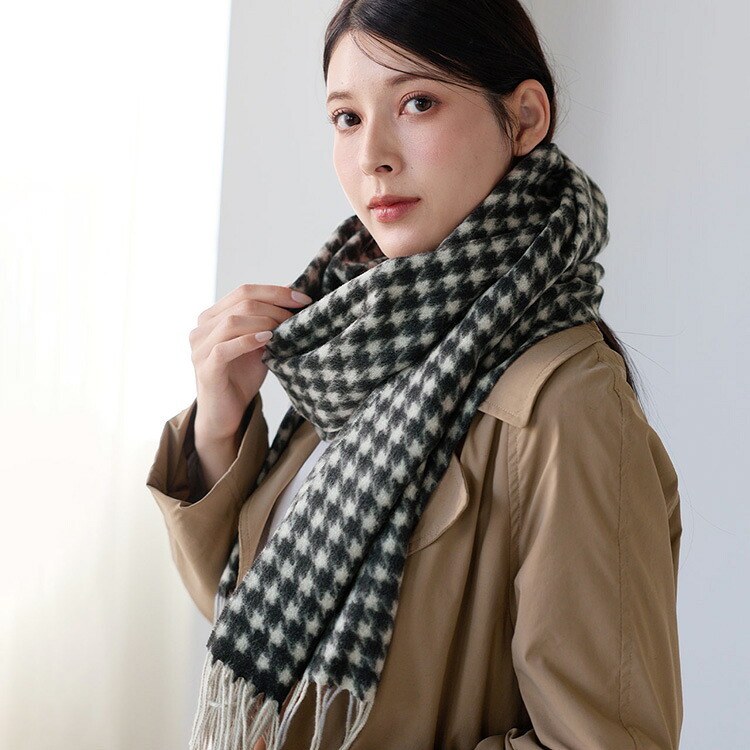 カシミヤ 100% ストール マフラー レディース ハウンドトゥース 格子柄 大判 厚手 【184cm×60cm】 【名入れ刺繍可能】 千鳥格子 カシミア カシミアマフラー レディースマフラー カシミヤ100％ 秋冬 女性 ギフト プレゼント 7F (02000334r)