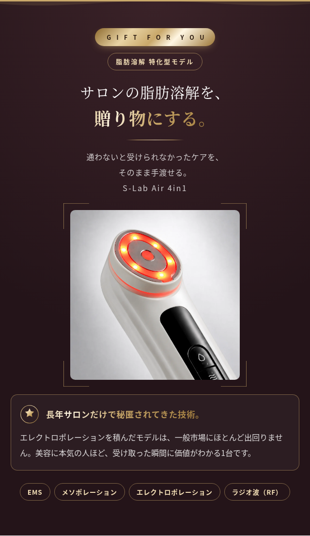 脂肪溶解特化美顔器 S-LAB Air 4｜EMS エレクトロポレーション LED 4役 リフトアップ たるみ ほうれい線 毛穴ケア 小顔 ハリ ツヤ 光エステ 自宅エステ 美容家電 30代 誕生日プレゼント 彼女 妻 記念日 クリスマス ギフト 結婚記念日　サプライズ　喜ばれる　女性へ　20代　30代　40代　贈り物　高級　プチ贅沢　特別な日　もらって嬉しい