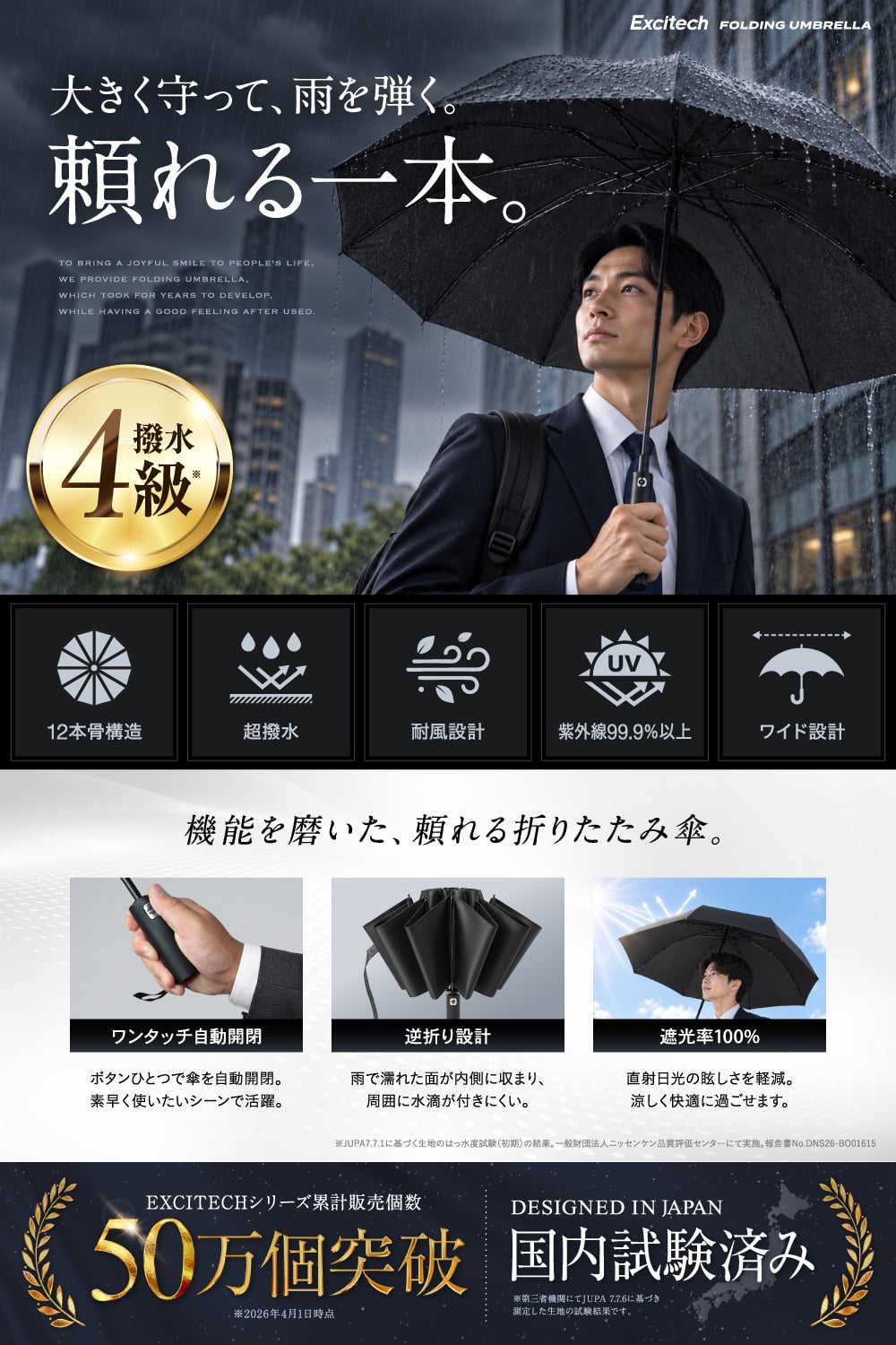 おりたたみ傘 折りたたみ傘 日傘【国内試験済み】大きいサイズ メンズ 晴雨兼用【UVカット99.9％】逆折り式 12本骨 UPF50+