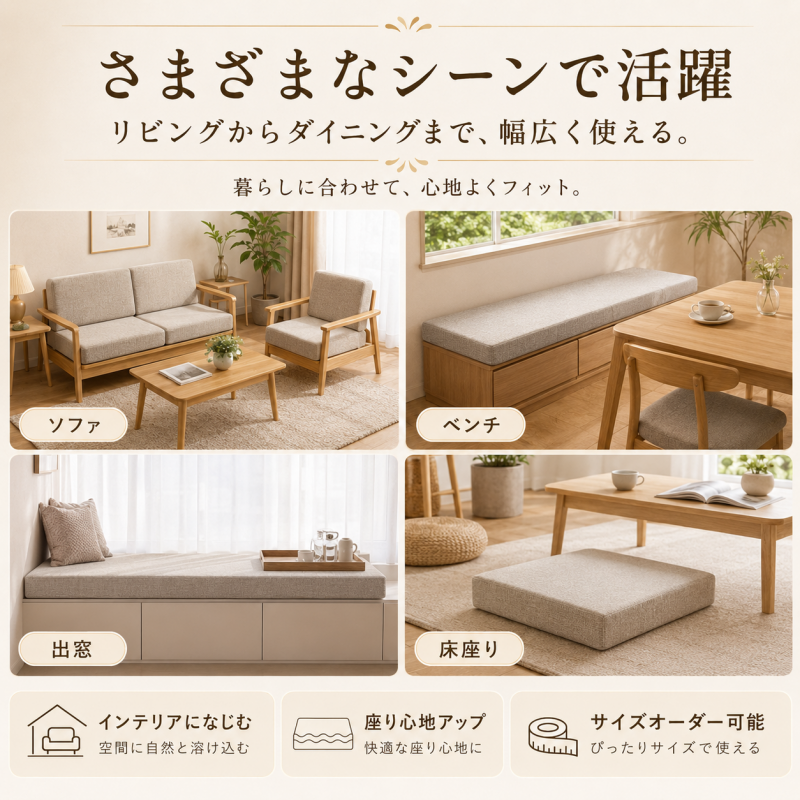 オーダーメイド クッション 1,980円～ サイズ指定可 カバー付き　座布団 ベンチクッション ベッド 隙間パッド オーダーメイド ベッド隙間クッション 洗えるカバー カバー取り外し可能 無地 洗える リビング ダイニング ソファクッション