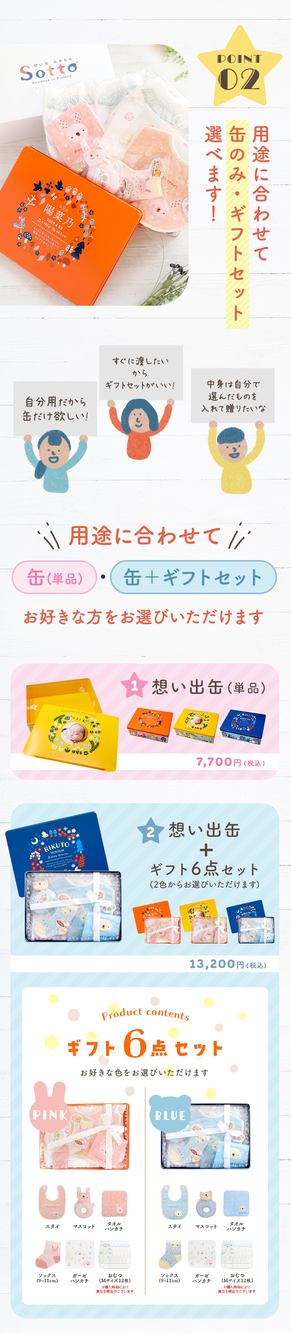 名入れ【 Sotto -想い出缶&ギフトセット- 】写真印刷　出産祝い 想いで缶 ギフト 6点セット♪　 赤ちゃん 日本製 ギフト 内祝い おしゃれ かわいい 女の子 男の子 ベビー用品 ベビーギフト ガーゼハンカチ マスコット ソックス スタイタオル ハンカチ おむつ