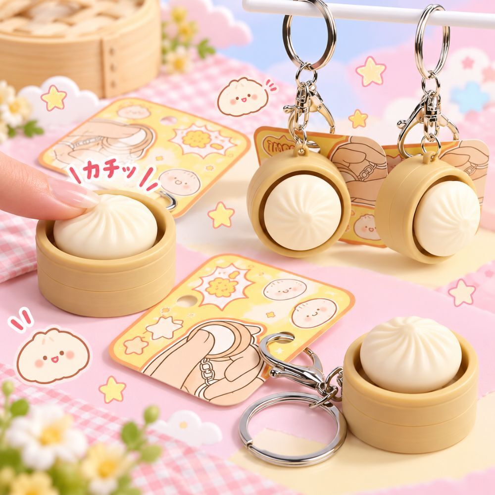 小籠包 肉まん キーホルダー 2点セット プッシュボタン キーリング ミニチュア 食品サンプル風 PVC バッグチャーム おもしろ雑貨 かわいい ストレス解消 グッズ プレゼント