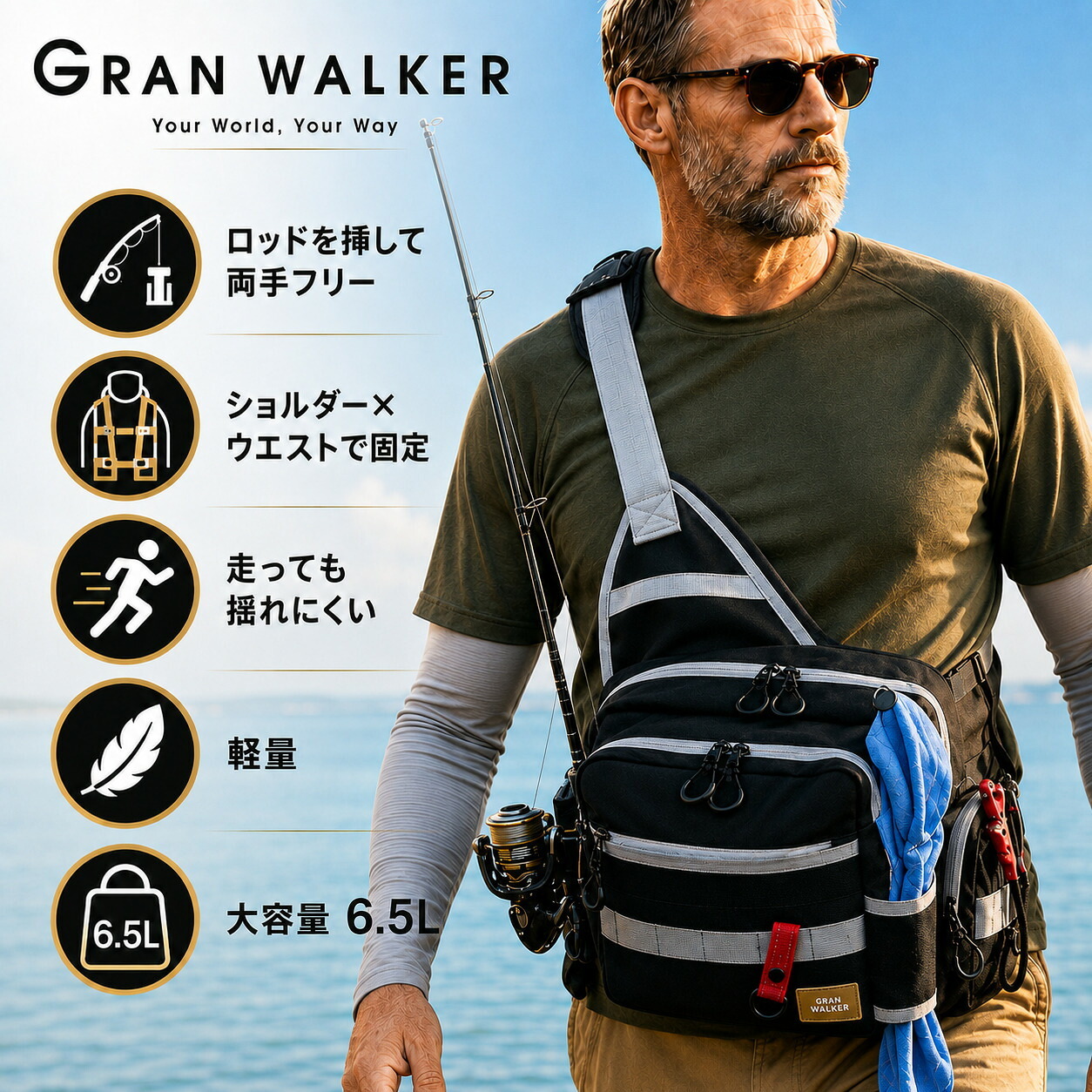 【ラッピング無料・レビュー投稿で保証120日】釣り用品 Gran Walker グランウォーカー ワンショルダー タックルバッグ 約6.5L ロッドホルダー ウエストベルト付き 釣り バッグ ギフト アウトドア用 キャンプ 