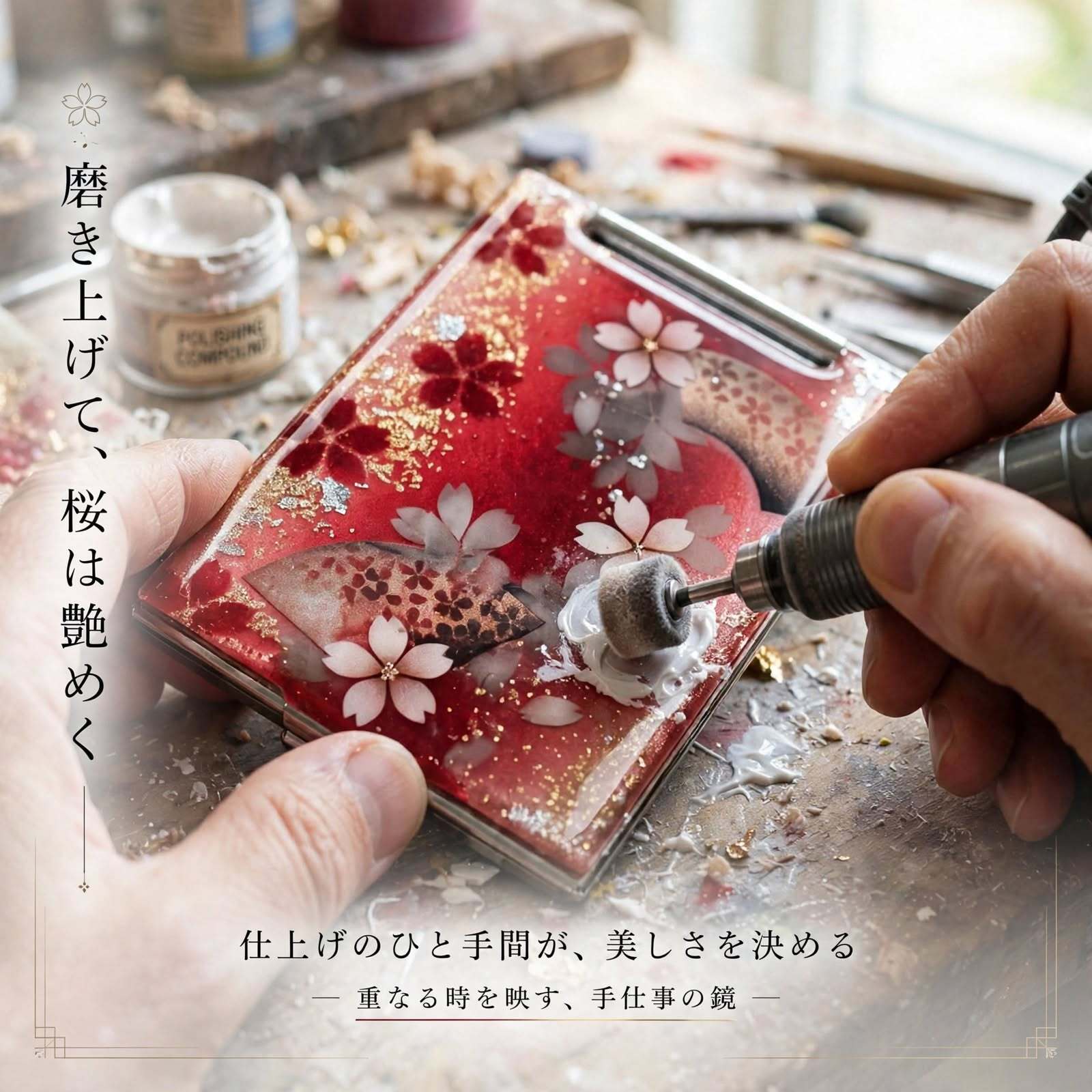 コンパクトミラー『湯』名入れ 送料無料 和柄 和風 和モダン 和雑貨 和小物 手鏡 折りたたみ 桜 伝統工芸 職人 手作り ハンドメイド 記念日 プレゼント ギフト クリスマス