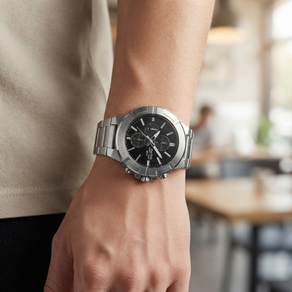 希少デザイン カシオ 腕時計 メンズ シルバー ブラック 希少デザイン CASIO 海外モデル クロノグラフ 24時間計 50m防水 ステンレス メタル 大型 プレゼント ギフト 収納ケース付き 成人 卒業 入学