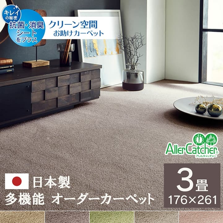 ラグ カーペット 日本 抗菌 消臭 清潔 オーダー 撥水 抗アレル物質 ダニ対策 無地 江戸間 3畳 約176×261cm