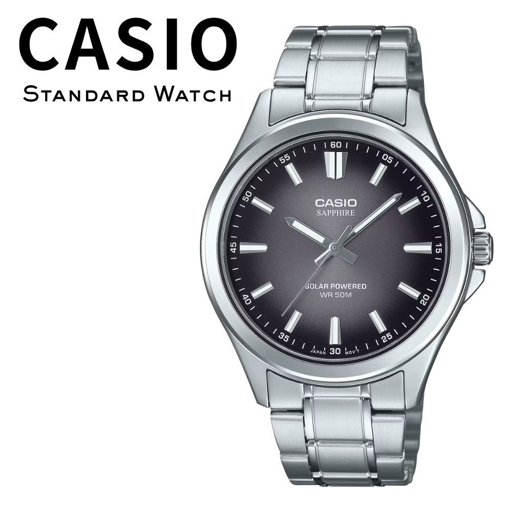 箱なし カシオ 腕時計 メンズ CASIO ソーラー ブラック シルバー メタル ステンレス サファイアガラス 海外モデル 逆輸入 50m防水 電池交換不要 シンプル ビジネス 仕事 就職祝い 誕生日 父の日 プレゼント ギフト 成人 卒業 入学
