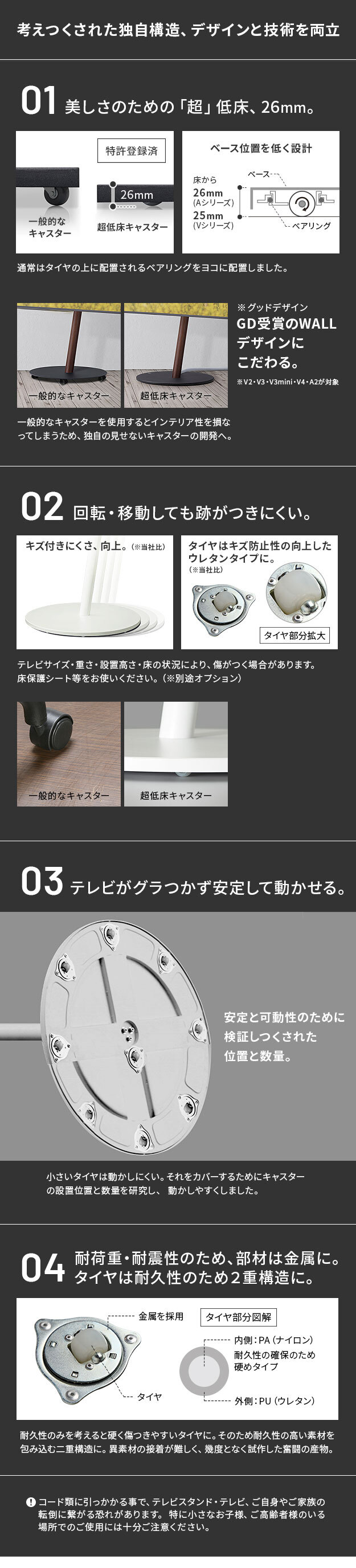 WALL SEVENSTAND セブンスタンド A2 ラージタイプ 45~80v対応 大型テレビ対応 コード収納 自立型 キャスター付き 移動 フラット 薄型ベース テレビ台 テレビスタンド TVスタンド ホワイト ブラック ウォールナット 震度7耐震