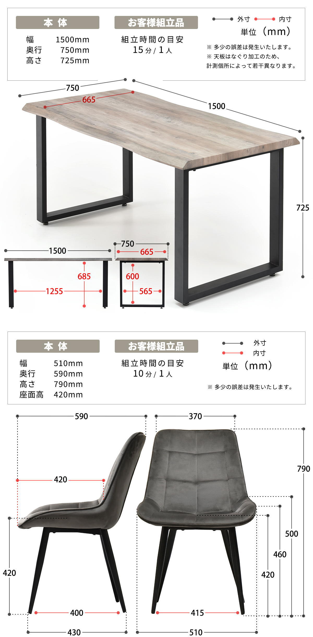 WAZENダイニングテーブル幅150＆ボックスステッチチェア ３点セット WASE0428 一枚板風ダイニングセット [テーブル]幅150×奥行75×高さ72.5[チェア]幅51×奥行59×高さ790(座面高さ42）cm ボックスチェア ２ 新生活