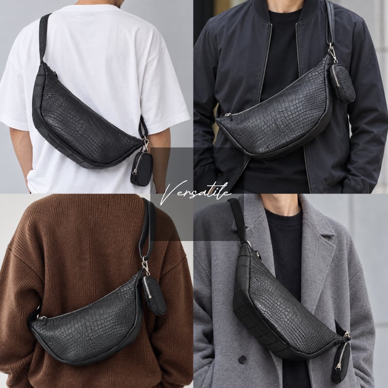 ボディバッグ クロコダイル メンズ 腹革 センター取り ワニ革 ショルダーバッグ スリングバッグ 斜め掛けバッグ マットブラック 牛革 本革 本物 大容量 ポーチ付き 長財布入る プレゼント ギフト 送料無料
