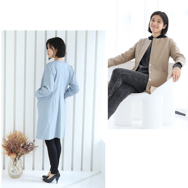 レザー コート アウター レディース ラムレザー 本革 ノーカラー ロングコート 秋 冬 春 ブランド Filomo 女性 スプリングコート 上品 軽量 シンプル 春 秋 冬 おしゃれ 大人 母 羊革 ノーカラーコート レザーコート ギフト プレゼント 6F (04000085r)
