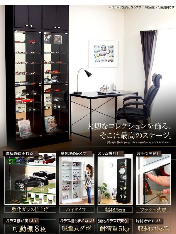 収納家具 ラック コレクション 本体+上置きセット 浅型ハイタイプ 奥行き19cm コレクションケース 壁面収納 ディスプレイケース フィギュア フィギュアケース 魅せて収納 ミニカー 人形 ガシャポン オマケの玩具 プラモデル SET