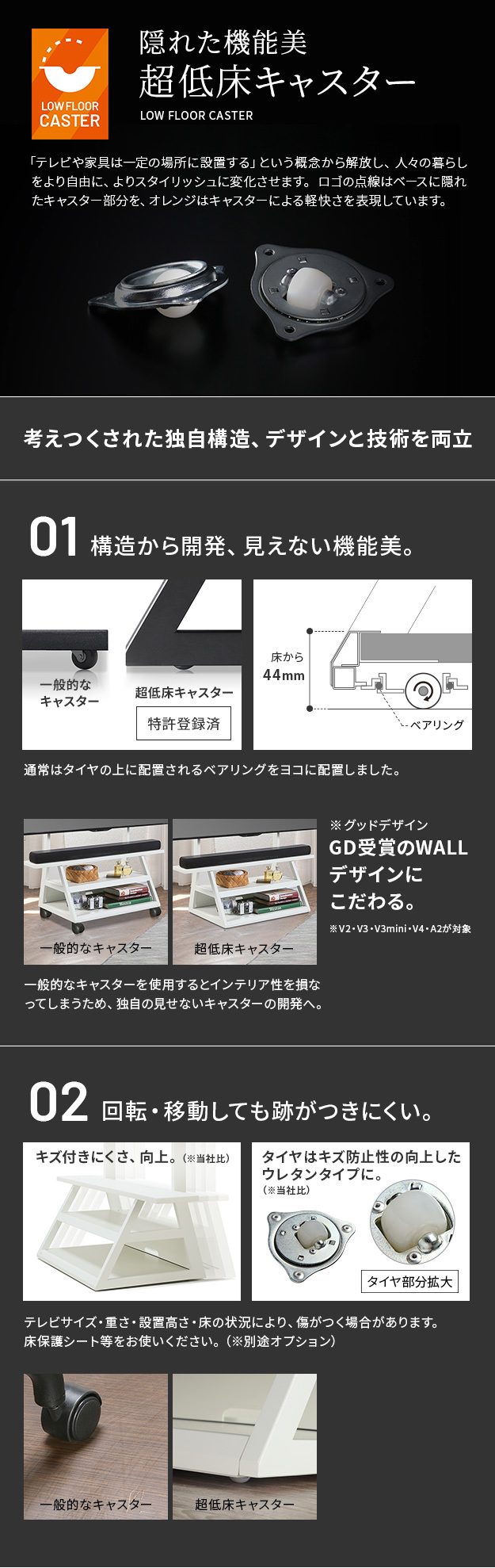WALLインテリアテレビスタンド M1CASTER 収納付きキャスタースタンド 32～65v対応 壁寄せ 自立型 テレビ台 TVスタンド 背面収納 コード収納 ホワイト 白 ブラック 黒 ウォールナット ブラウン 震度7耐震試験済み 新生活