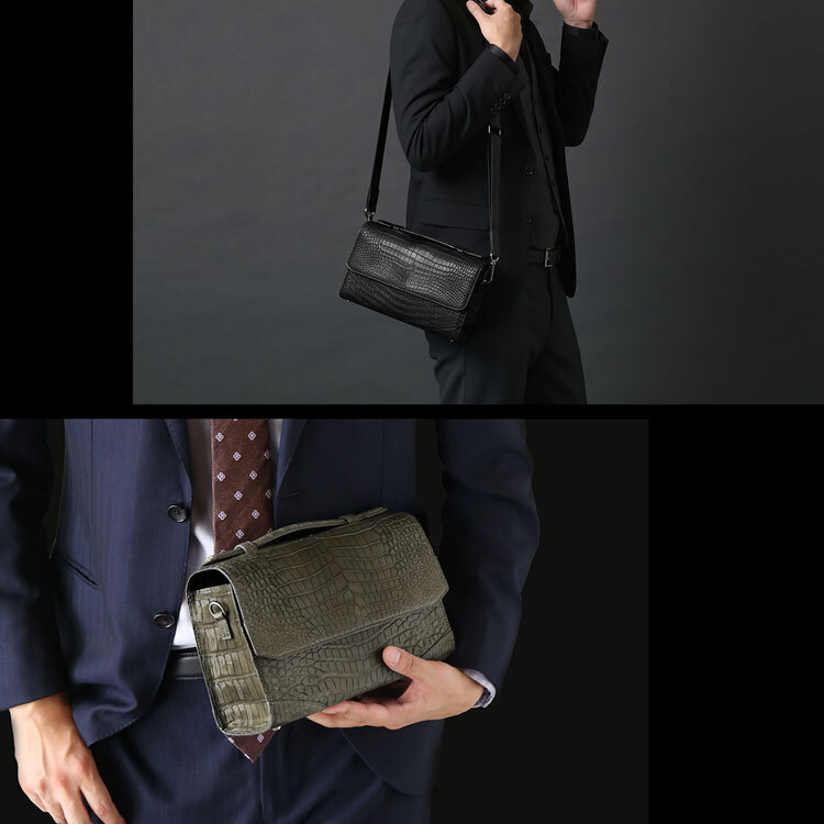 スモールクロコダイル ヌメ革 メンズ セカンドバッグ 2way ショルダーバッグ GranCroco センター取り 一枚革 かぶせ開閉 立ち上がりハンドル A5収納 ミニポケット 希少 本革 高級 レザー 鞄 保証書付 プレゼント ギフト 4FA (06002004-mens-1r)