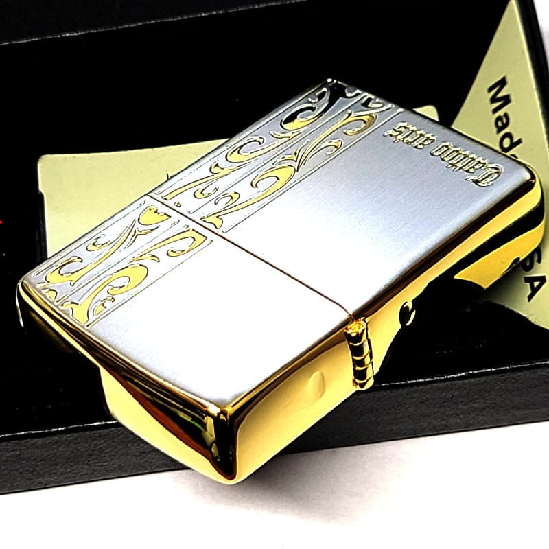 ZIPPO ライター トライバル アラベスク おしゃれ ジッポ シルバーサテン サイドゴールド 唐草 彫刻 かっこいい シンプル レディース メンズ プレゼント ギフト