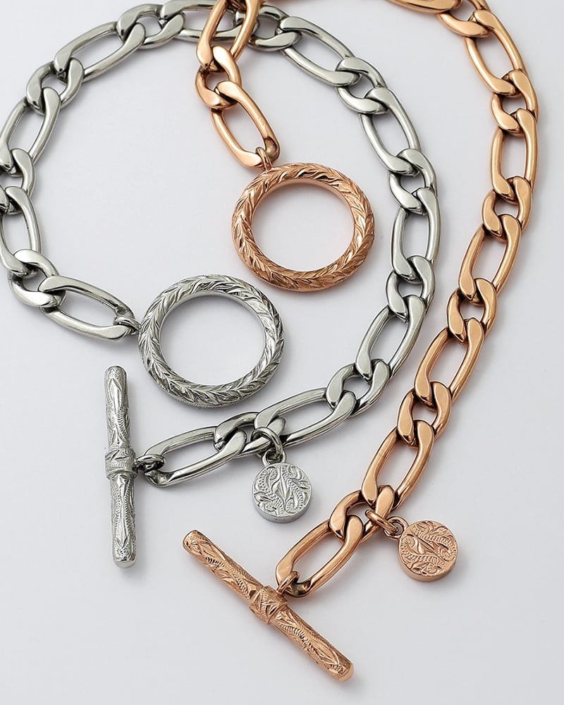 ハワイアンジュエリー ペアブレスレット つけっぱなし イニシャル 刻印 ステンレス 金属アレルギー ブランド 大人 シンプル マンテル トグル Tバー フィガロチェーン サージカルステンレス 2本セット クリスマス 記念日 プレゼント テラグラティア Terra-gratia PairBracelet【gbss211pair】
