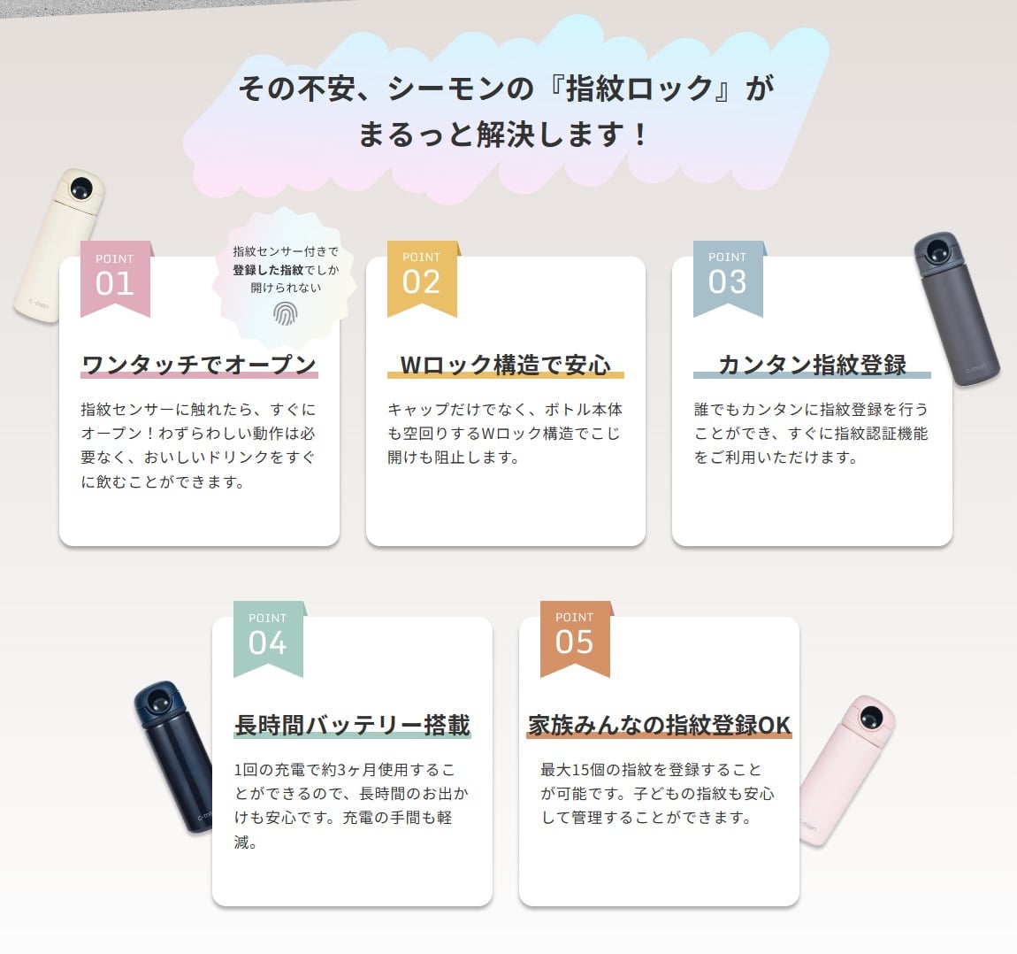 シーモン(c-mon) 指紋センサー付き真空断熱ボトル 水筒 保温保冷 スポーツドリンク対応 ステンレス ワンタッチ 320ml バニラホワイト【無料ラッピング】【送料無料※一部地域除く】【ハンディ除菌・消毒スプレー「Clean Push」付き】