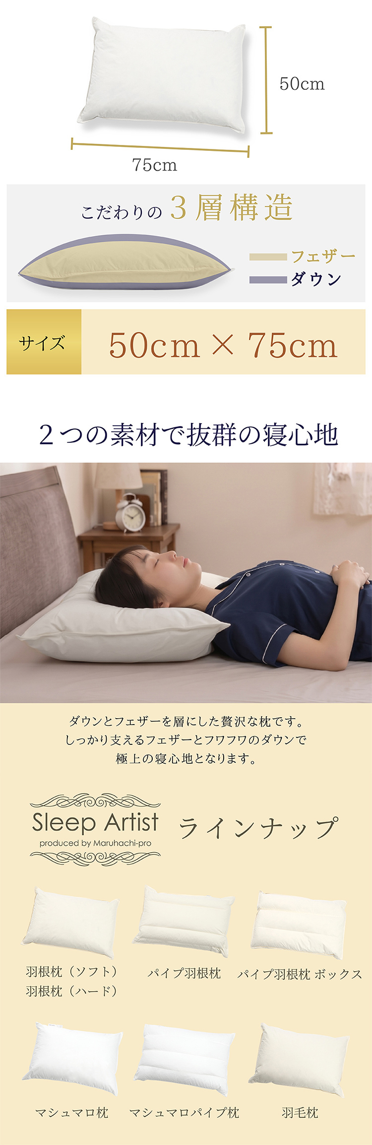 丸八真綿グループ 丸八 丸八真綿 マルハチ ホテル仕様 三層枕 フェザー＆ダウン枕 ホワイトダックダウン 90％ ダウン フェザー ダウンまくら ハード ソフト 50×75cm 綿100％ Sleep Artist スリープアーティスト 旅館 有名ホテル チェーンホテル 送料無料