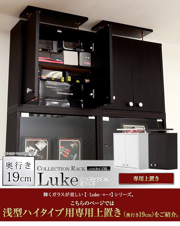 収納家具 ラック コレクション 浅型ハイタイプ専用上置き Luke ルーク 2色対応 収納棚 上置き すき間収納 隠す収納 壁面収納 天井 つっぱり 転倒防止 耐震対策 可動棚 2段 単品 木製 リビング シンプル スリム おしゃれ