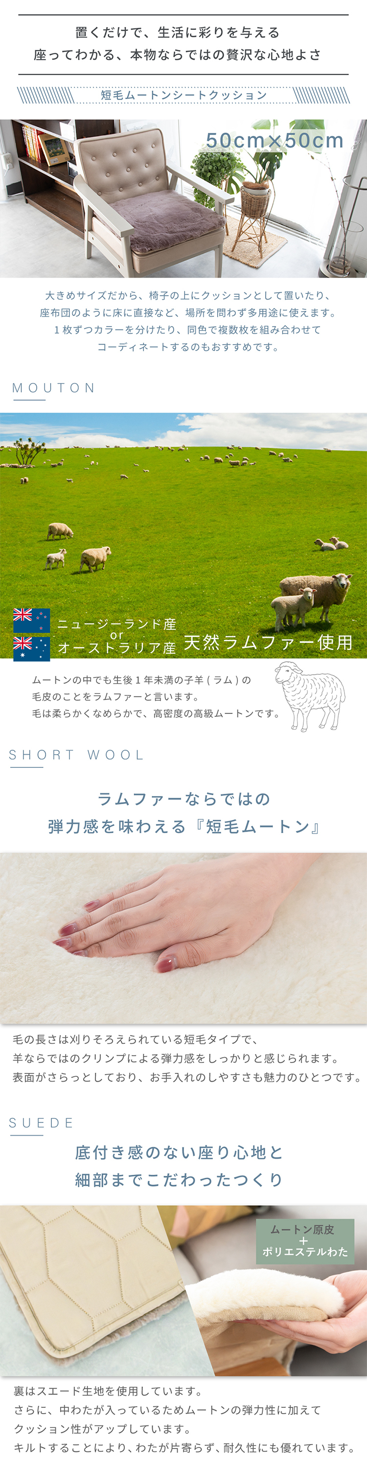 ムートンシートクッション 短毛タイプ 50×50cm (大判サイズ) 毛皮 ムートンクッション ムートン クッション 座布団 ソファー 暖かい 短毛 シートクッション 冷え性対策 夏でもさらさら エアコン対策 おしゃれ 韓国インテリア 北欧 かわいい