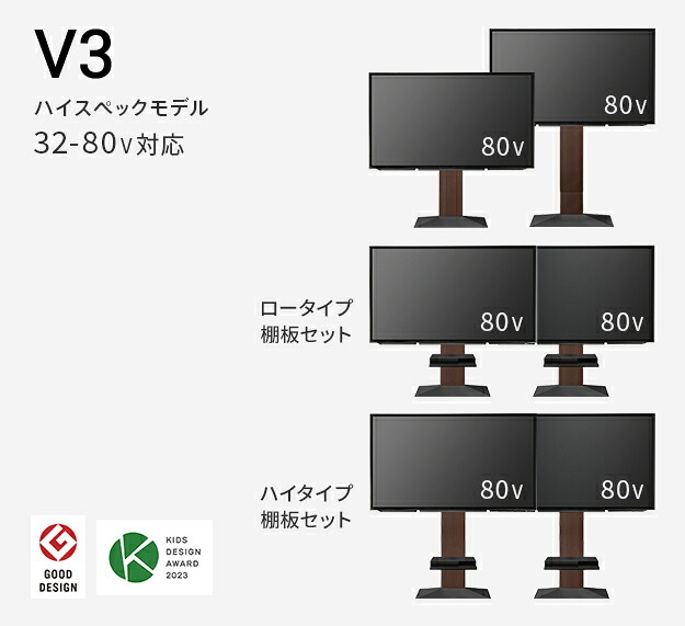 WALLインテリアテレビスタンドV3 ロータイプ+棚板ラージサイズ 2点セット 32~80v対応 壁寄せテレビ台 テレビボード TVスタンド 背面収納 コード収納 ホワイト 白 ブラック 黒 ウォールナット ブラウン グッドデザイン賞受賞 テレビ台 新生活