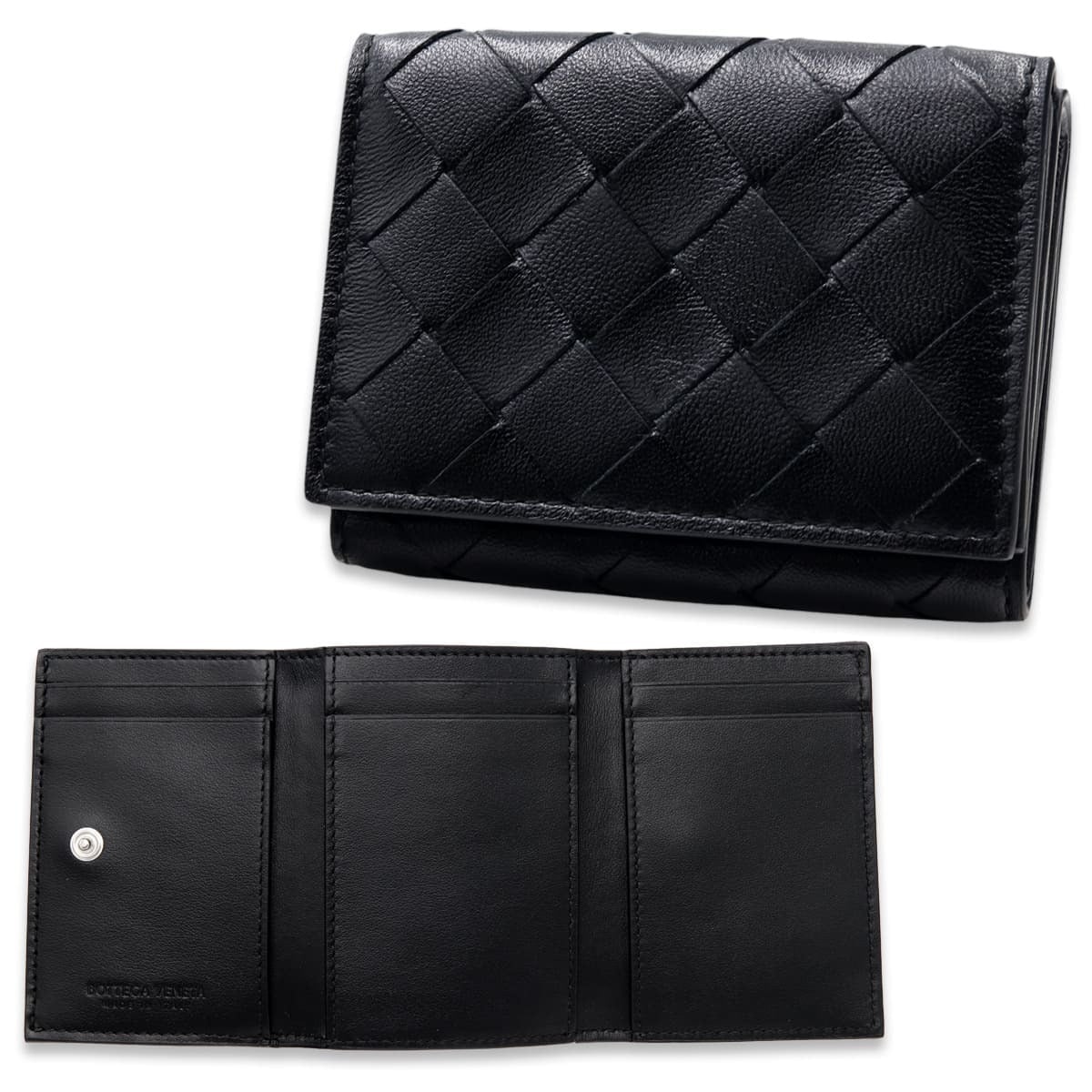 ボッテガヴェネタ BOTTEGA VENETA 三つ折り財布 イントレチャート メンズ レディース ブラック 黒 ミニ財布 小銭入れ付き カード入れ6つ ラムレザー 本革 スナップボタン 609285 V3UH1 8803
