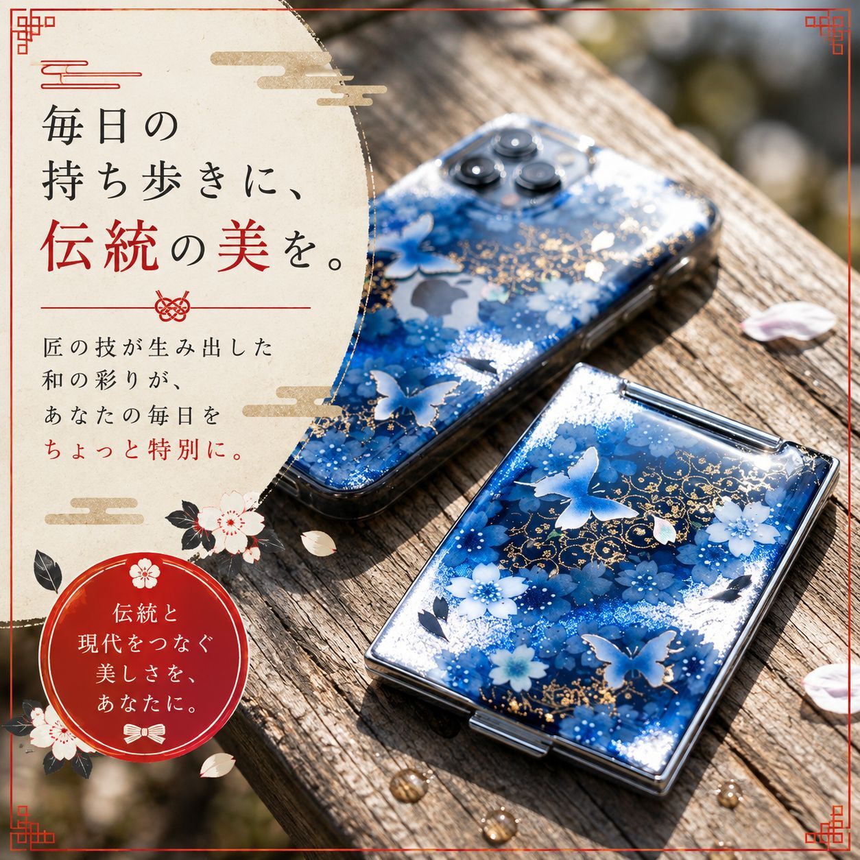 職人の手作り！和柄コンパクトミラー『似』名入れ 送料無料 和柄 和モダン 和雑貨 和小物 手鏡 折りたたみ 桜 伝統工芸 職人 手作り ハンドメイド 記念日 プレゼント ギフト