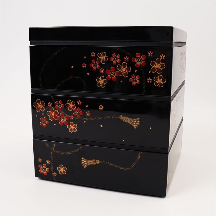 重箱 3段 小さめ 通販 日本製 山中塗り お重 おせち料理 六瓢箪ひょうたん 桜柄 五寸サイズ角重 黒塗り内朱仕上げ ２人前３人前用 お正月おせち用 運動会 お花見 行楽ピクニック おしゃれ和モダン 仕切りなし 三段 樹脂製 軽量 シール蓋付き ウレタン塗装