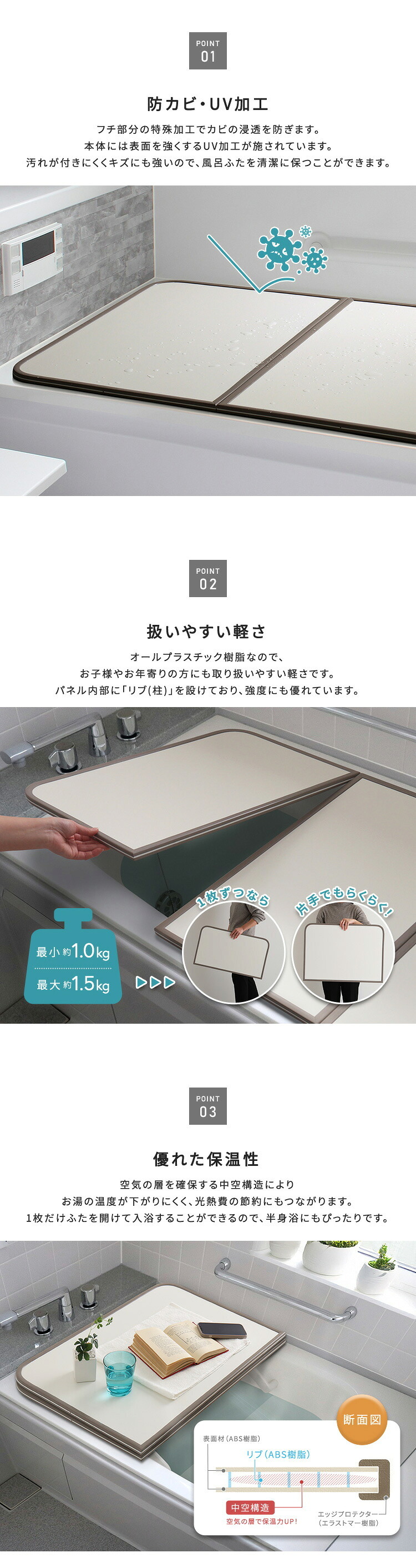 風呂ふた パネル式 幅68～78cm対応 軽量 抗カビ 断熱 風呂フタ 組み合わせ式 浴槽ふた 浴槽カバー バス用品 UV加工 水はけ良好 滑り止め 省スペース 清潔 お手入れ簡単 シンプル モダン 取替え用 バスルーム お風呂 蓋 保温 軽量パネル