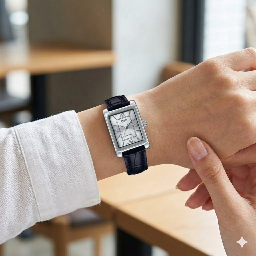 CASIO カシオ レディース 腕時計 レザーベルト ブラック シルバー スクエア 小さめ 収納ケース付き 女性 かわいい 上品 海外モデル プレゼント ギフト 誕生日 就職祝い 退職 還暦 成人 卒業 入学