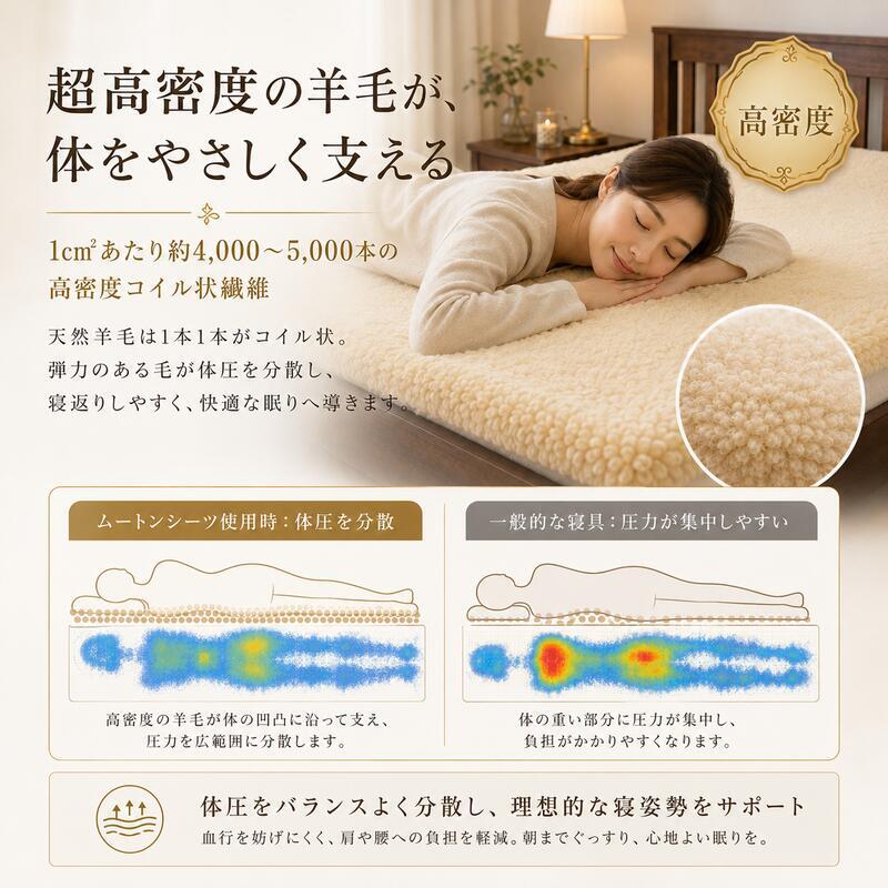 ベッド 寝具 ムートンシーツ 日本製 シングル 100×200cm スプリングラム 毛長35mm 極厚 ムートン 敷きパッド 羊毛100％ 高級 天然羊毛 体圧分散 吸湿 放湿 あったか 冬用 夏も快適 防寒 パッド 国産 快眠 ふわふわ 高密度