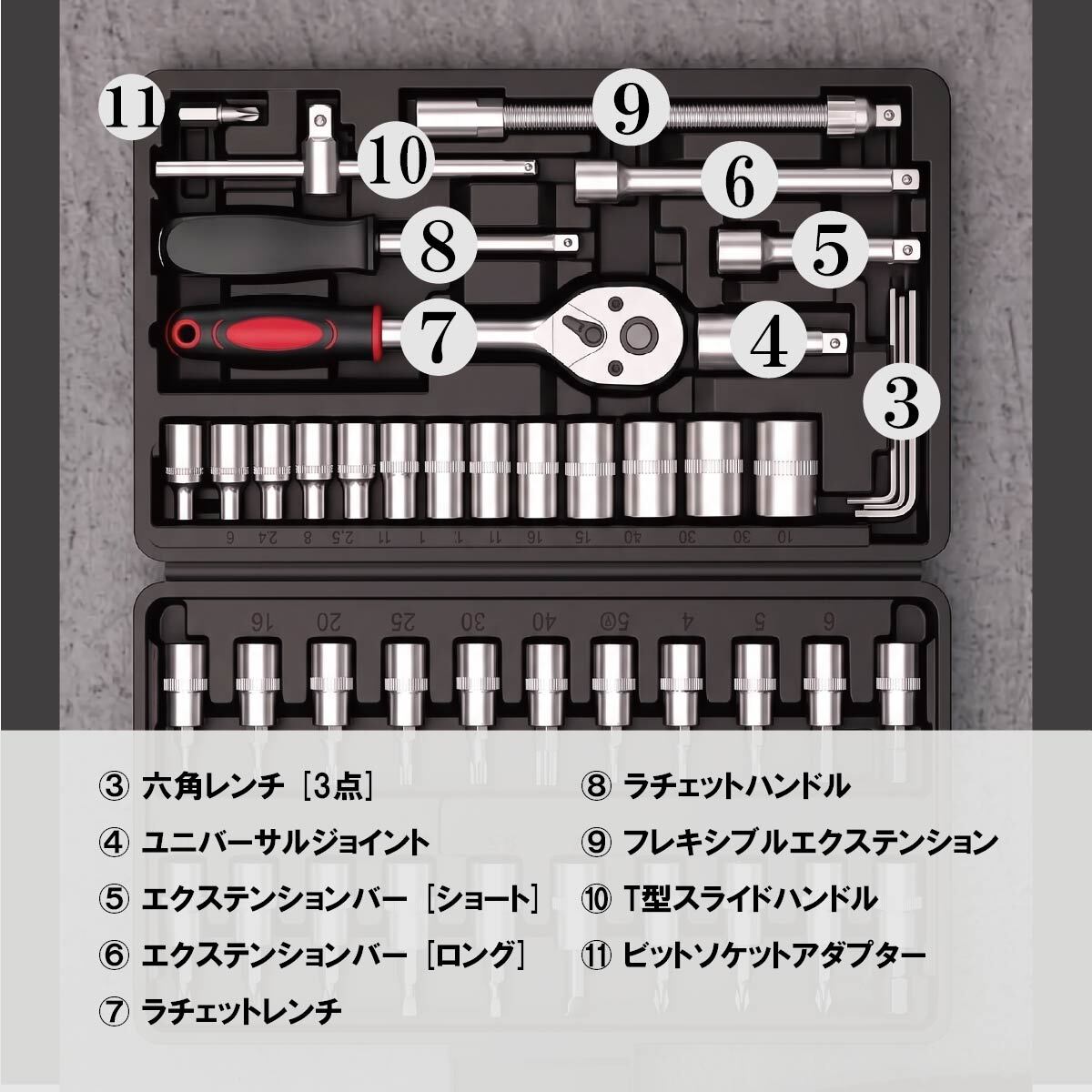 ソケットレンチセット 46pcs ラチェットレンチ 工具セット 1/4 (6.3mm) バイク 自転車 車 整備 自動車 修理 メンテナンス 六角 ソケット トルクス ビット スライドT型ハンドル エクステンションバー 携帯 車載工具
