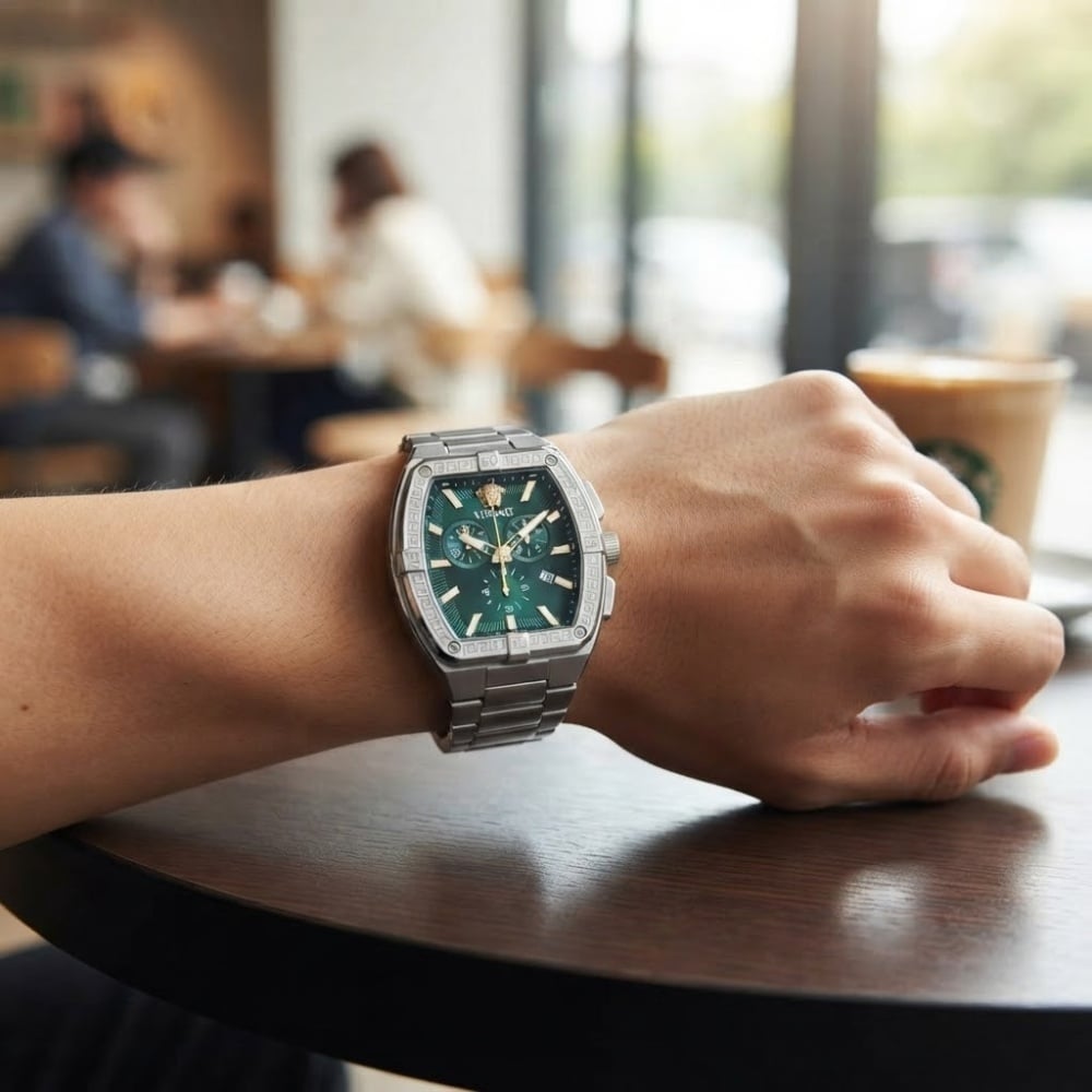 ヴェルサーチェ 腕時計 メンズ グリーン シルバー ゴールド 44mm VERSACE SPORTY TONNEAU GRECA クロノグラフ スイス製 メンズ腕時計 高級 ブランド おしゃれ プレゼント ギフト 卒業 入学 お祝い