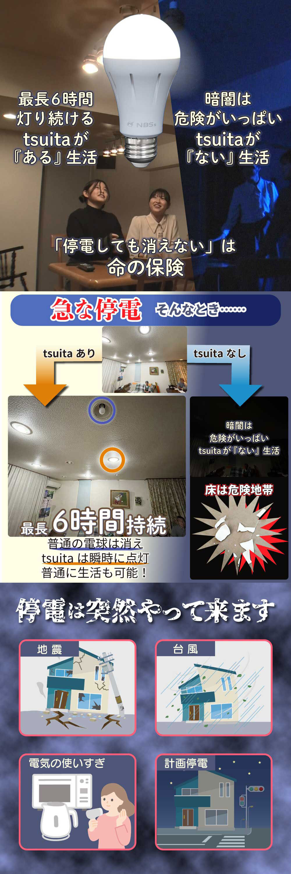 停電でも消えない電球 いつでもランプ tsuita ツイタ 2個セッ ト LED電球 50W相当 E26 昼白色 電球色 停電時 自動点灯 蓄電式 内蔵バッテリー 非常灯 防災ライト 防災電球 地震 災害 停電対策 避難用品 防災グッズ 備蓄 家庭用 実用的 プレゼント