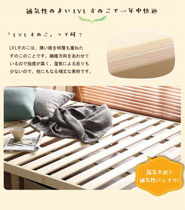 ベッド 寝具 簡易宮セット パイン材高さ3段階調整脚付きすのこ シングル Lilitta-リリッタ-
