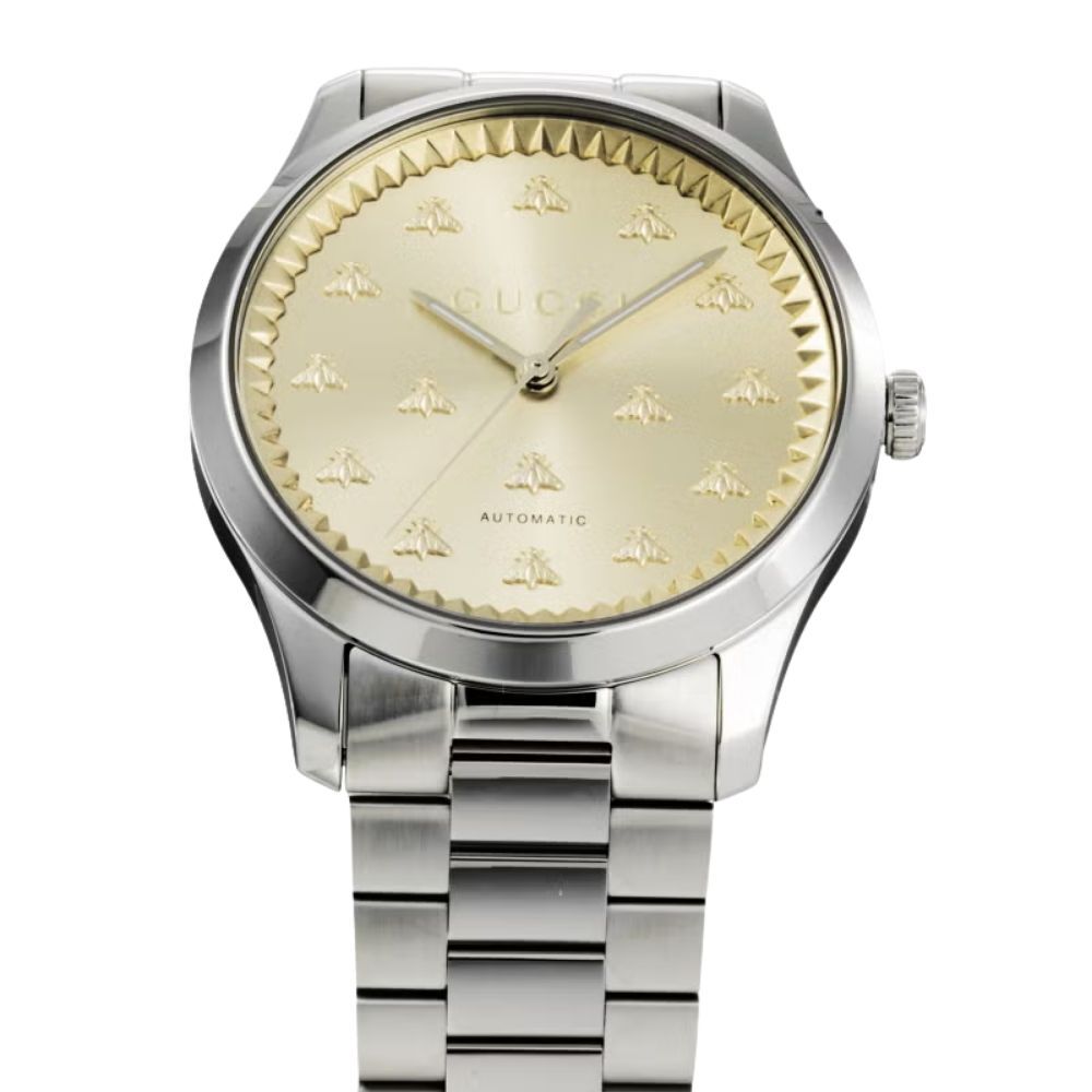 グッチ 腕時計 メンズ Gタイムレス 1本限り 自動巻き 42mm イエローゴールド シルバー 蜂 ビー GUCCI G-Timeless スイス製 サファイアガラス プレゼント ギフト 成人 卒業 入学