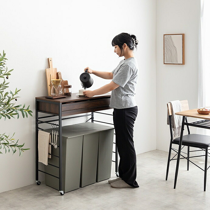 食器棚 ゴミ箱収納付き レンジ台 ゴミ箱上ラック 電子レンジラック キッチン収納 レンジボード 引き出し スライドトレー スライドテーブル カウンター コンセント付き 2口 ゴミ箱収納 スチールラック オーブントースター：