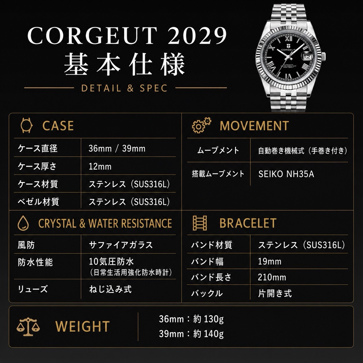 自動巻き腕時計 メンズ 40代 オマージュウォッチ 機械式 手巻き 36mm ローマ数字インデックス 日付 CORGEUT 2029