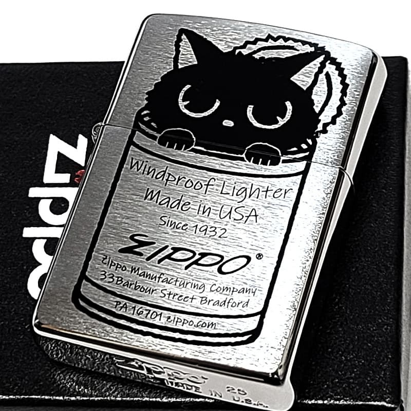 ZIPPO ネコ かわいい 缶にゃん子 ジッポ ライター シルバーサテン おしゃれ 黒猫 レディース プレゼント 女性 ギフト
