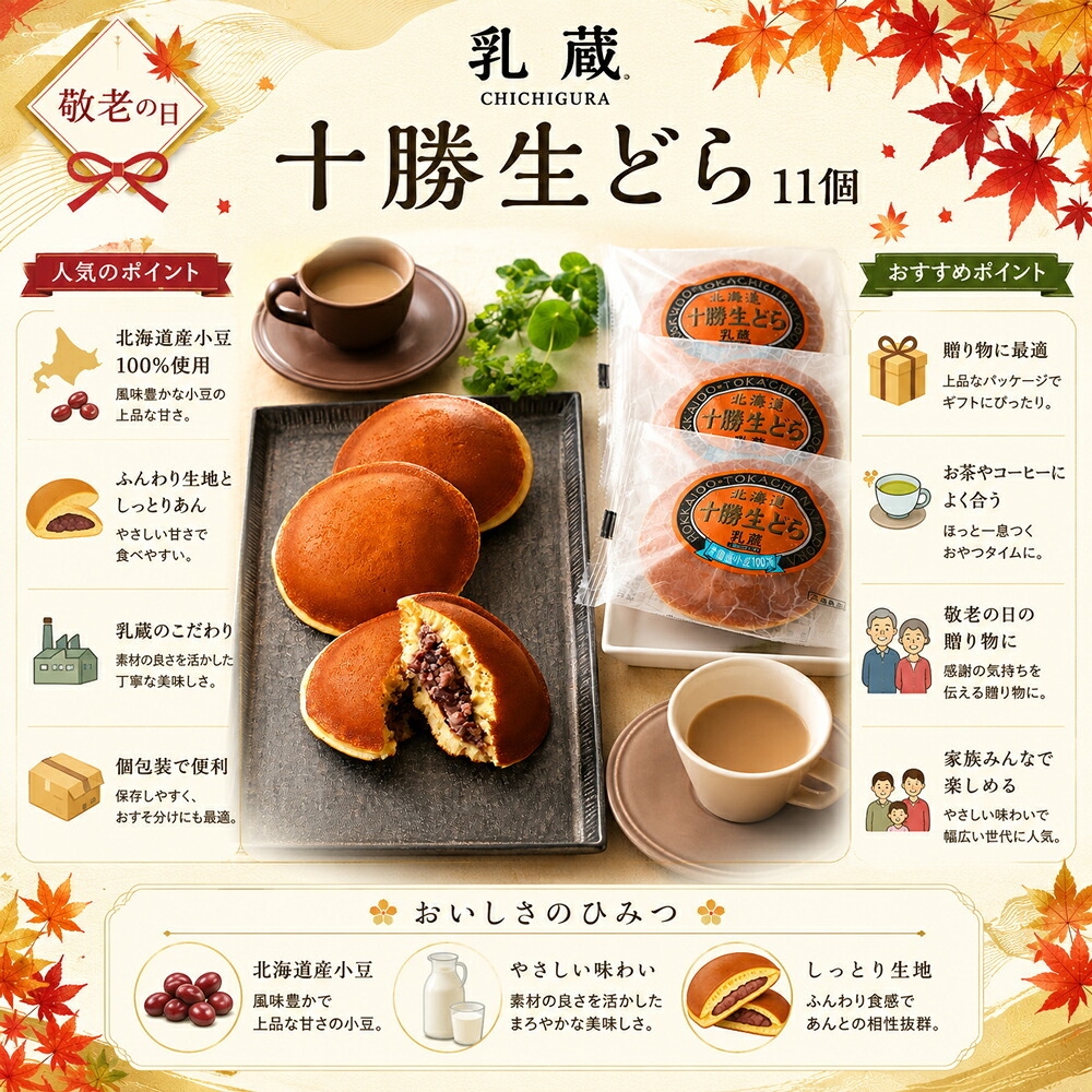 敬老の日2026 十勝生どら11個 KR6-0014-01お誕生日 気持ちをカタチに北海道生まれのこだわり素材。 風味豊かな餡にホイップクリームをブレンド プレゼント ちょうどいい品物 ええもの広場 ばあちゃん じいちゃん