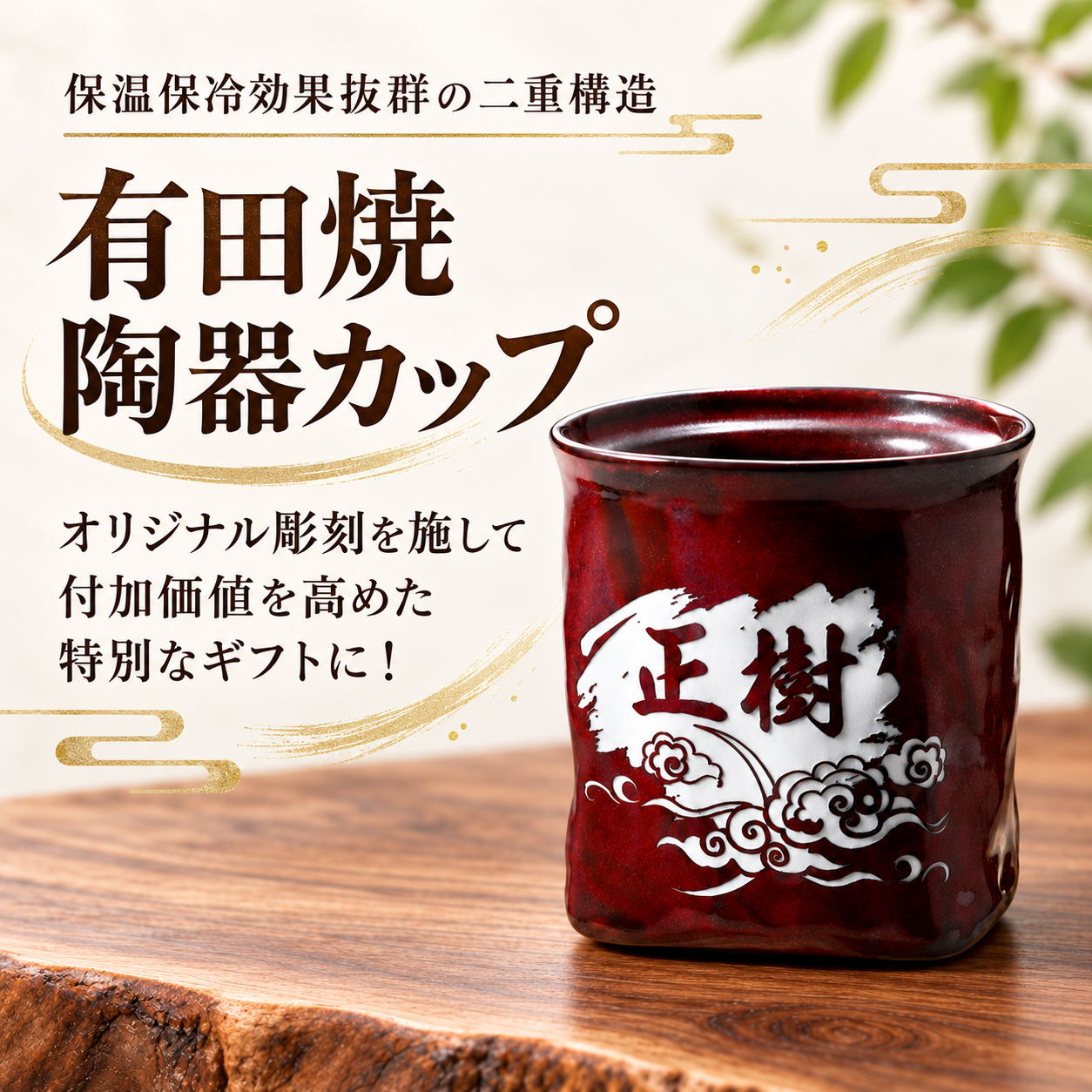 退職 異動 名入れ ギフト SXX 有田焼 二重構造 保温保冷 ロックカップ 茶色 単品 木箱入り / プレゼント ギフト 退職 記念 誕生日 長寿 祝い