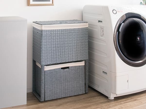 収納家具 ラック ランドリーボックス 収納 上下 2段 洗濯かご カゴ バスケット RB-500 スリム 縦型二段式 ラタン 軽量 キャスター付き フタ付 ふた付き 洗濯物入れ おしゃれ 分別 ランドリーバスケット 大容量 脱衣カゴ ランドリー収納