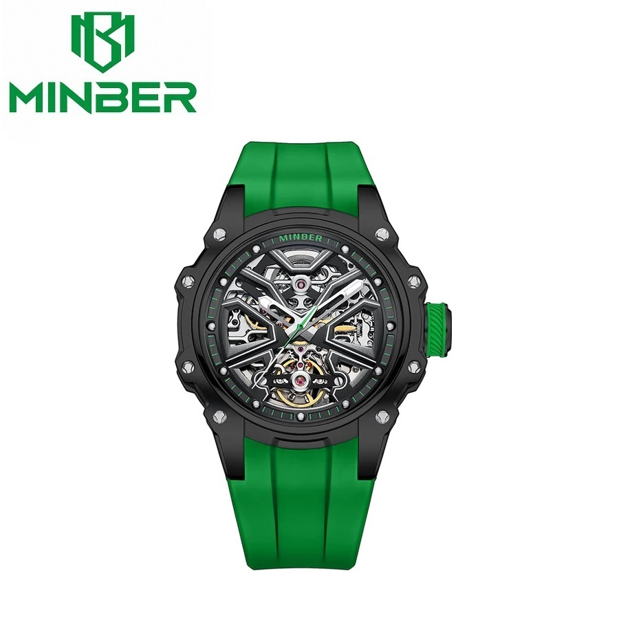 【正規品】MINBER ミンバー メンズ腕時計 自動巻き 3気圧防水 JC8005-04 グリーン ラバーベルト