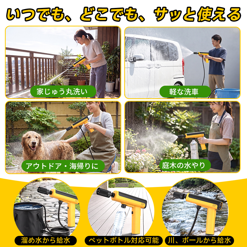 高圧洗浄機 10MPa強力噴射 充電式 コードレス洗浄機 小型 軽量 ハンディ 高圧洗車機 5in1ノズル 自吸式 水道接続不要 バッテリー内蔵 残量表示 水圧調整可能 低騒音