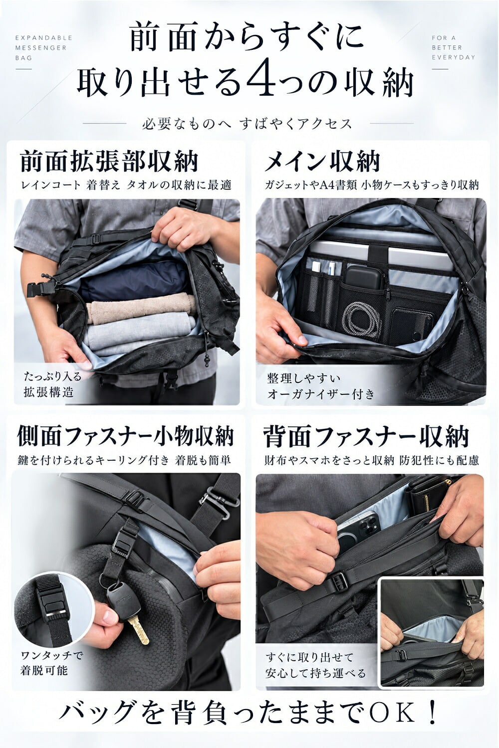 【ラッピング無料】Gran Walker ALPHA-PACK 23L 大容量 拡張式 ボディバッグ メンズ 多機能 スリングバッグ ガジェット収納 通勤 通学 旅行 ギフト 釣り キャンプ