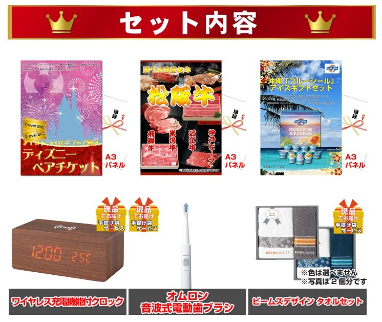 ビンゴ・二次会の景品はお任せ 目録 景品 パネル セット ビンゴ 二次会 ディズニーペアチケット人気パネル景品３枚＆現品１０点セットD 景品パネル＆引換券付き目録 15271 結婚式 ゴルフコンペ