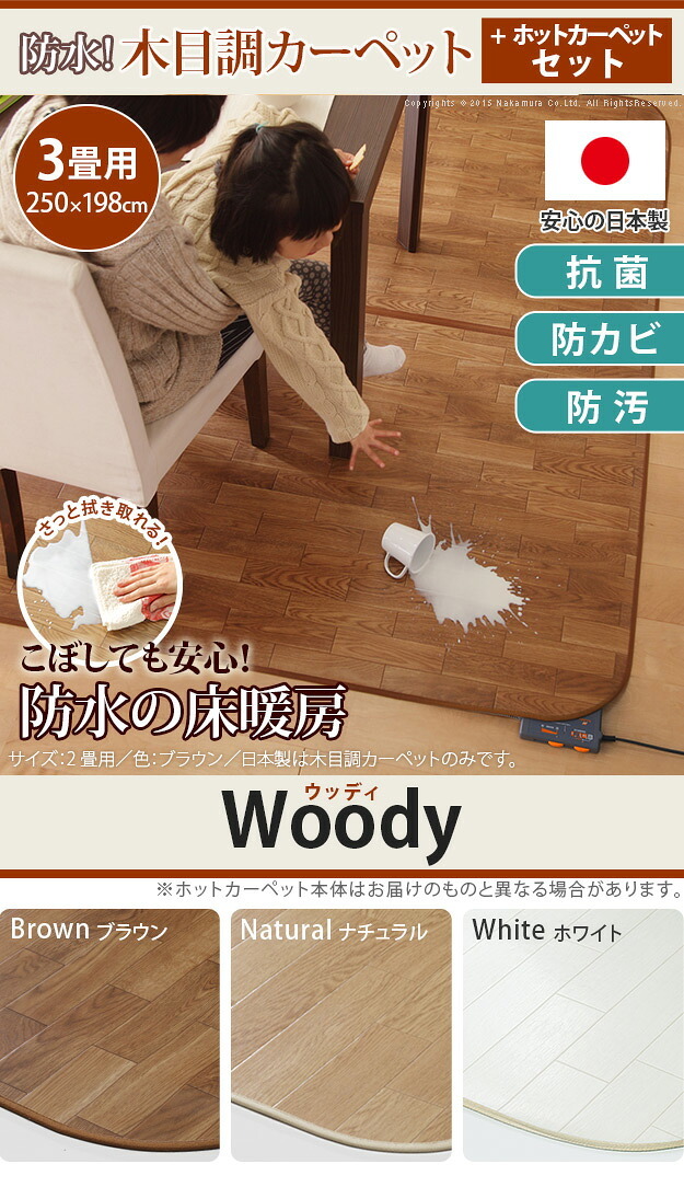 ホットカーペット カバー 防水 木目調ホットカーペット・カバー-ウッディ 3畳用(250x198) ホットカーペット本体 2点セット ラグ リビングマット フローリング調 クッション性 抗菌 防カビ 防汚 防水 日本製 床暖房対応 ペット 子供 あったか