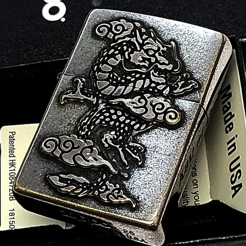 ZIPPO ライター 龍 メタル重ね貼り ドラゴン ジッポ 竜 クロームバレル アンティークシルバー 和柄 日本 おしゃれ かっこいい メンズ 渋い ギフト プレゼント